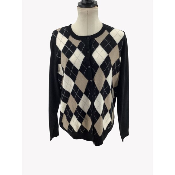 croft & barrow Sweaters - Croft & Barrow Womens XL Argyle Button-Front Cardigan Sweater Black Beige White